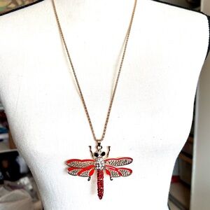 Betsy Johnson NWT Dragonfly Pendant Medallion Necklace Red & Gold